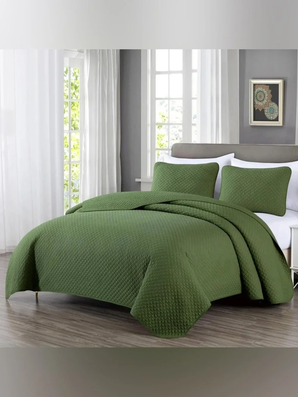 Green Quilted Queen 3 piece Bedspread Set 100% cotton
